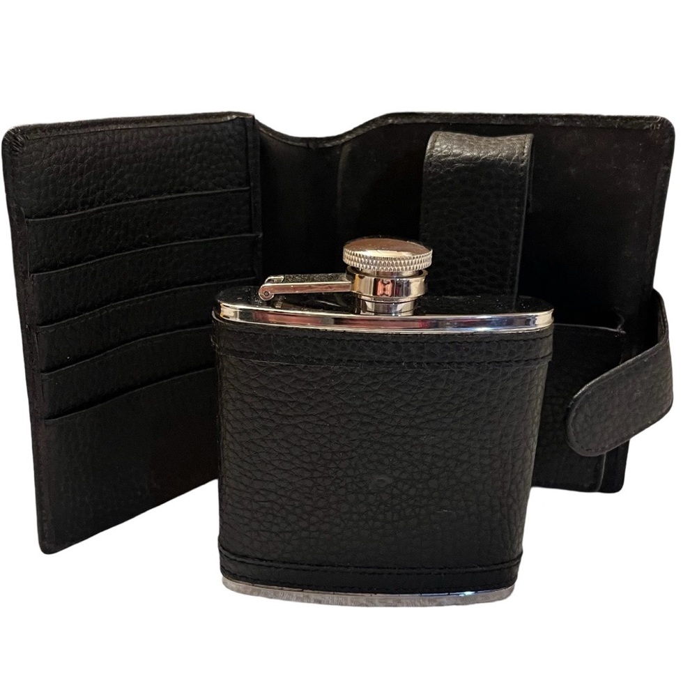 Vintage Black Naugahyde Wallet with 5oz Flask